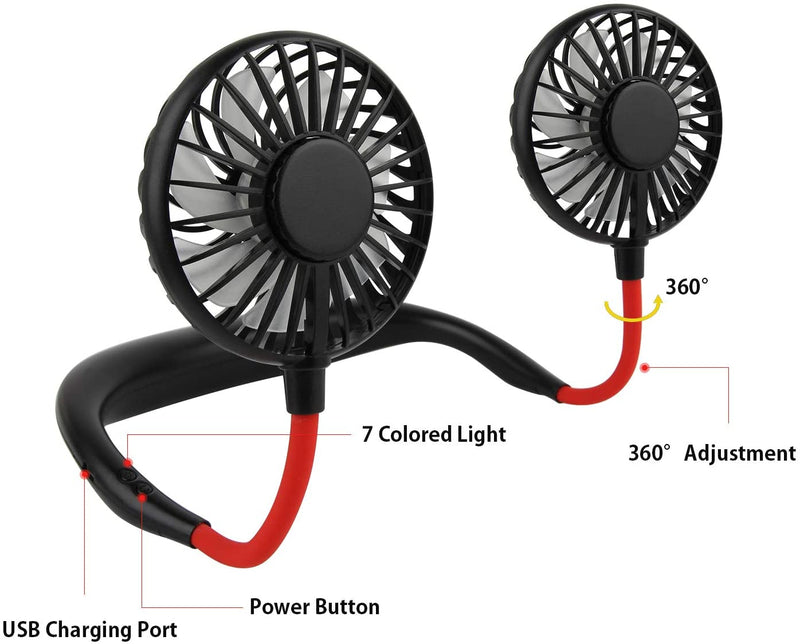 Leipple Neck Fan Portable- Neckband Fan USB Charging Hand Free - Personal Mini Sport Fan - Rechargeable with 3 Speeds Adjustable and LED Light for Sports Travel Outdoor Office Reading