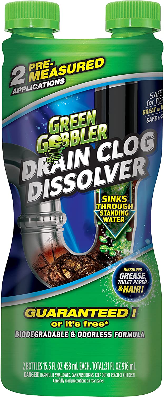 Green Gobbler Drain Clog Remover Dissolve Liquid Hair Grease Toilets, Sinks
