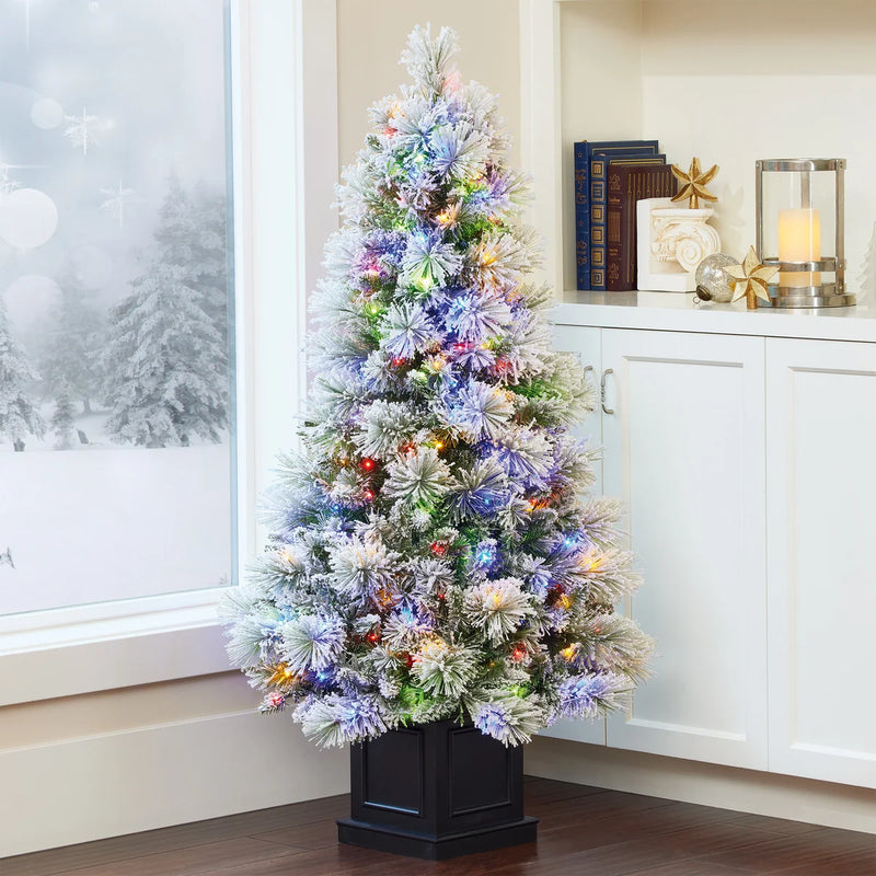 4.5ft Pre-Lit Glitter Flocked Potted Artificial Christmas Tree