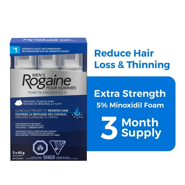 Rogaine Hair Growth Treatment for Men - Reduce Hair Loss & Thinning - 5% Minoxidil Foam - 3 Month Supply, 3x 60g
