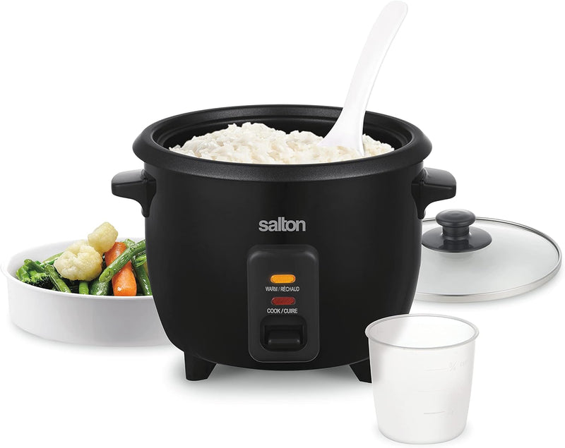 Salton 6-Cup Automatic Rice Cooker | Bonus Food Steaming Basket | Keep Warm Function | Ideal for Rice, Quinoa, and Oatmeal | 300W | Includes Non-Stick Rice Bowl, Measuring Cup & Spatula | Black