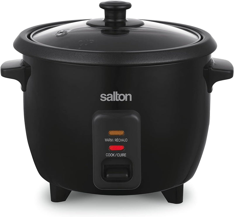 Salton 6-Cup Automatic Rice Cooker | Bonus Food Steaming Basket | Keep Warm Function | Ideal for Rice, Quinoa, and Oatmeal | 300W | Includes Non-Stick Rice Bowl, Measuring Cup & Spatula | Black