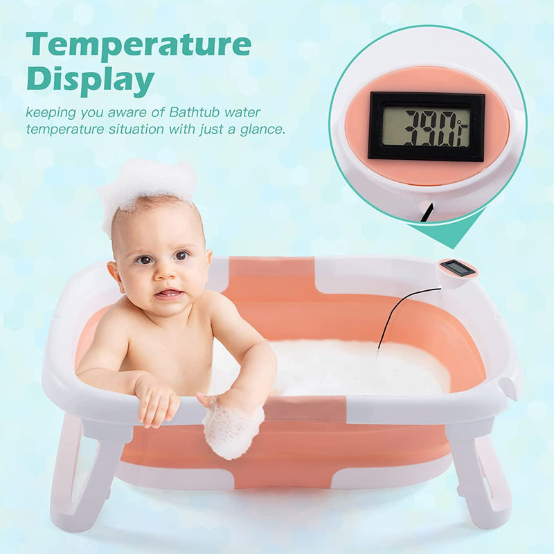Soobaby 4-in-1 Newborn to Toddler Tub with Temperature Sensor,Infant Waterproof Ear Cap and Soft Cushion included,Pink