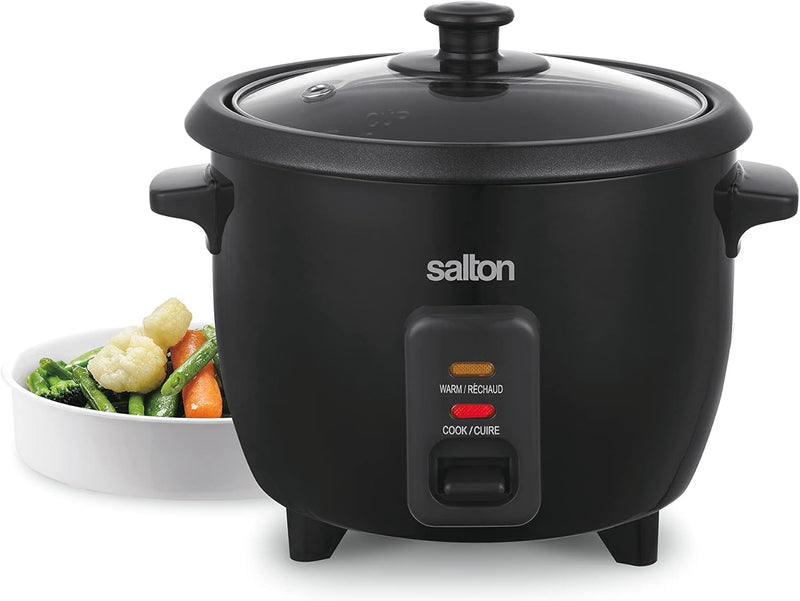 Salton 6-Cup Automatic Rice Cooker | Bonus Food Steaming Basket | Keep Warm Function | Ideal for Rice, Quinoa, and Oatmeal | 300W | Includes Non-Stick Rice Bowl, Measuring Cup & Spatula | Black