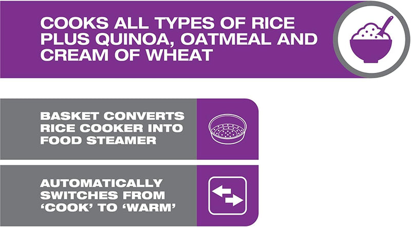 Salton 6-Cup Automatic Rice Cooker | Bonus Food Steaming Basket | Keep Warm Function | Ideal for Rice, Quinoa, and Oatmeal | 300W | Includes Non-Stick Rice Bowl, Measuring Cup & Spatula | Black