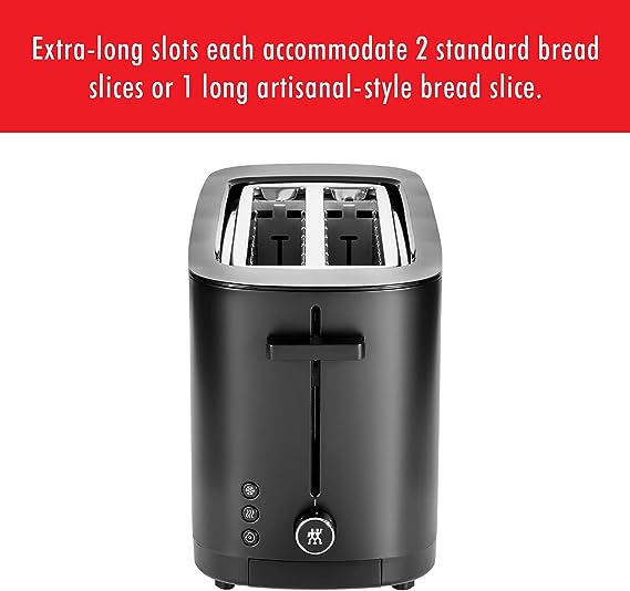 Zwilling Enfinigy Cool Touch 2 Long Slot Toaster, 4 Slices with Extra Wide 1.5" Slots for Bagels, 7 Toast Settings, Even Toasting, Reheat, Cancel, Defrost, Black