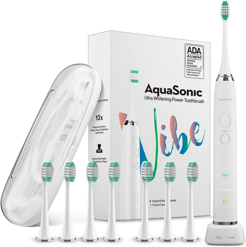AquaSonic Vibe Series Ultra Whitening Toothbrush – ADA Accepted Power Toothbrush - 8 Brush Heads & Travel Case  40,000 VPM Motor & Wireless Charging  4 Modes w Smart Timer  Optic White