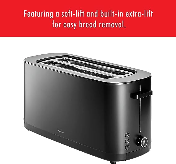 Zwilling Enfinigy Cool Touch 2 Long Slot Toaster, 4 Slices with Extra Wide 1.5" Slots for Bagels, 7 Toast Settings, Even Toasting, Reheat, Cancel, Defrost, Black
