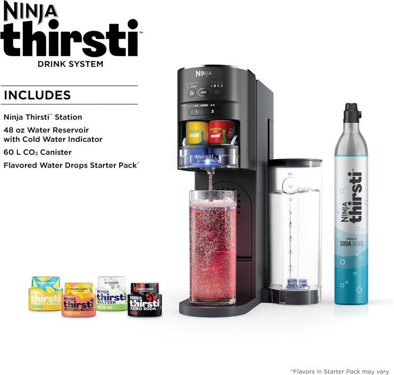 Ninja Thirsti Drink System, Soda Maker, Create Unique Sparkling & Still Drinks, Personalize Size & Flavor, Carbonated Water Machine, 60L CO2 Cylinder & Variety of Flavored Water Drops, Black WC1001