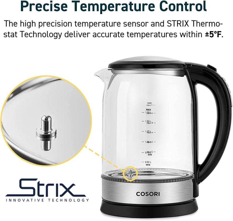 COSORI Electric Kettle Temperature Control with 6 Presets, Hot Water Boiler & Tea Heater, 100% Stainless Steel Filter, Inner Lid & Bottom, 60min Keep Warm&Boil-Dry Protection, BPA Free, 1.7L, Black