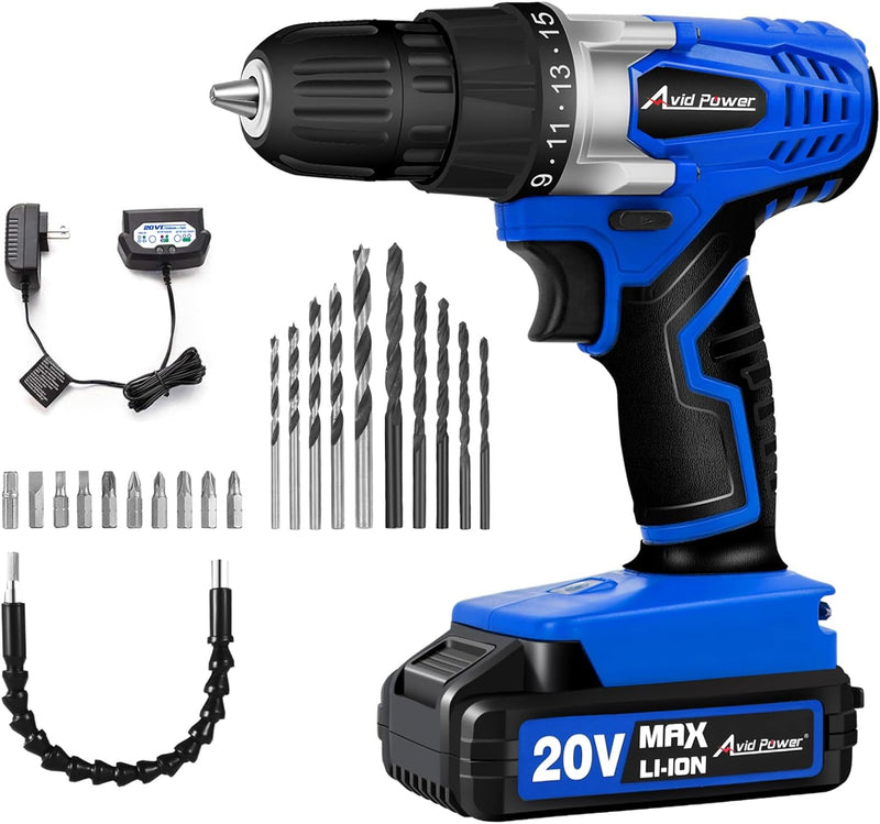 AVID POWER Cordless Drill Set, 20V MAX Electric Battery Power DrillDriver Kit with Battery and Charger, 38-Inch Keyless Chuck, Variable Speed, 16 Position and 22pcs Drill Bits