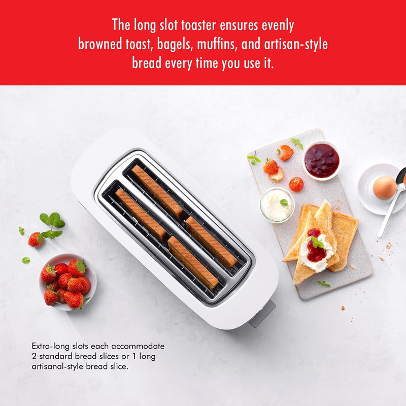 ZWILLING Enfinigy Cool Touch 2 Long Slot Toaster, 4 Slices with Extra Wide 1.5" Slots for Bagels, 7 Toast Settings, Even Toasting, Reheat, Cancel, Defrost, Silver