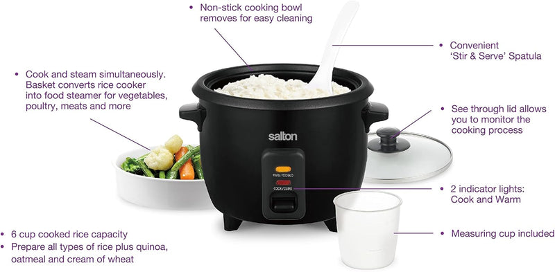 Salton 6-Cup Automatic Rice Cooker | Bonus Food Steaming Basket | Keep Warm Function | Ideal for Rice, Quinoa, and Oatmeal | 300W | Includes Non-Stick Rice Bowl, Measuring Cup & Spatula | Black