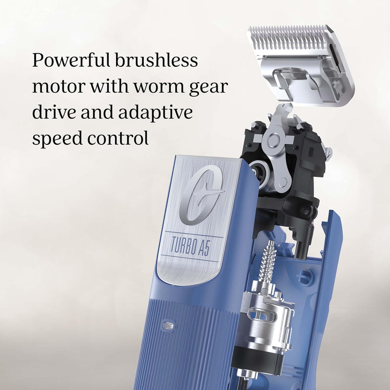 Oster Professional Cordless Turbo A5 Dog & Animal Clippers - Detachable Blades are available for Thick, Thin & Matted Coats - Brushless Motor, 80-Minute Battery, Adaptive Speed Control (Blue)