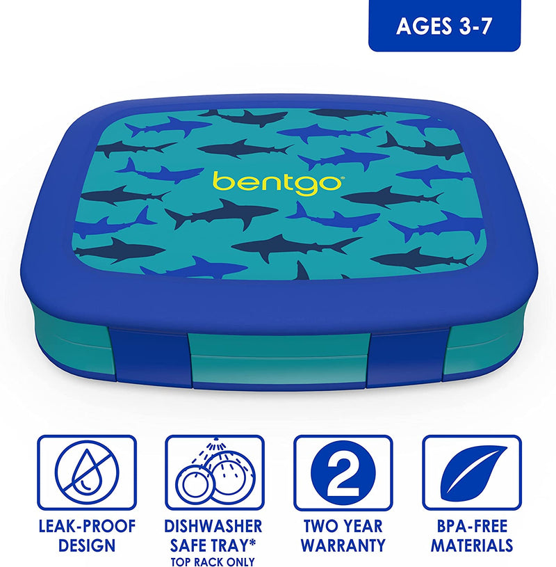 Bentgo Kids Prints (Sharks) - Leak-Proof, 5-Compartment Bento-Style Kids Lunch Box - Ideal Portion Sizes for Ages 3 to 7 - BPA-Free and Food-Safe Materials