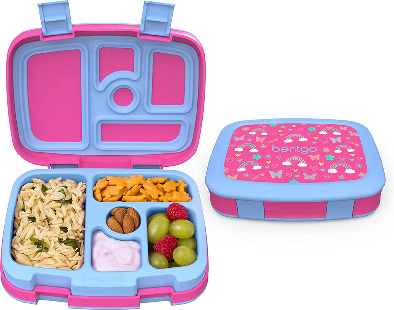 Bentgo Kids Prints Leak-Proof, 5-Compartment Bento-Style Kids Lunch Box - Ideal Portion Sizes for Ages 3 to 7 - BPA-Free, Dishwasher Safe, Food-Safe Materials (Rainbows and Butterflies)