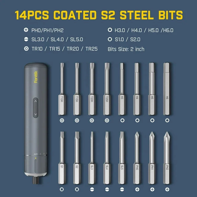 Fanttik 3.7V Cordless Electric Screwdriver, 16 S2 Metal Bits, 3 Torque Settings, 2000mAh, LED Light, 1/4'' Hex, Ideal for Furniture & Computers