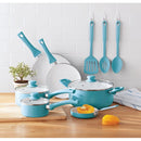 12-Piece Ceramic Nonstick Cookware Set, Aluminum Pots & Pans with Glass Lids, Skillets, Saucepans, Dutch Oven & Nylon Utensils, Blue Teal