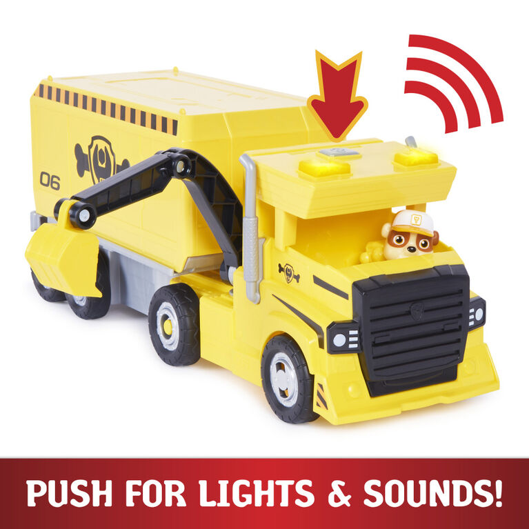 PAW Patrol, Rubble 2 in 1 Transforming X-Treme Truck with Excavator Toy, Crane Toy, Lights and Sounds, Action Figures