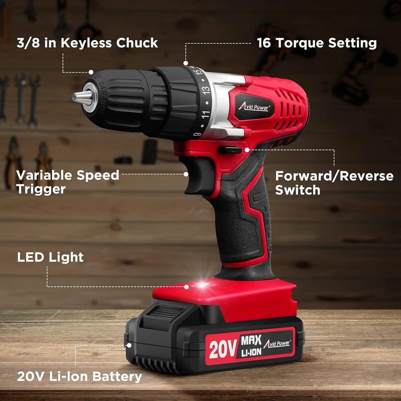 AVID POWER Cordless Drill Set, 20V MAX Electric Battery Power DrillDriver Kit with Battery and Charger, 38-Inch Keyless Chuck, Variable Speed, 16 Position and 22pcs Drill Bits