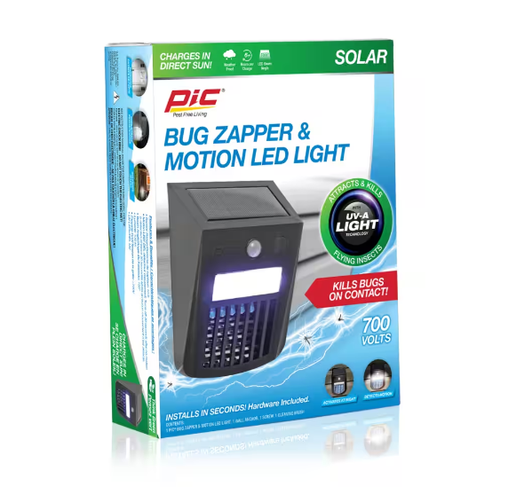 PIC 700V 6-Hour Solar Weather-Proof UV-A Mosquito/Bug Zapper & Motion LED Light
