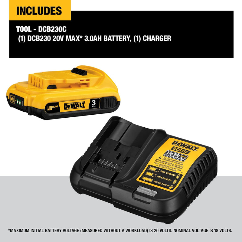 DEWALT 20V MAX Battery Pack with Charger, 3-Ah (DCB230C)