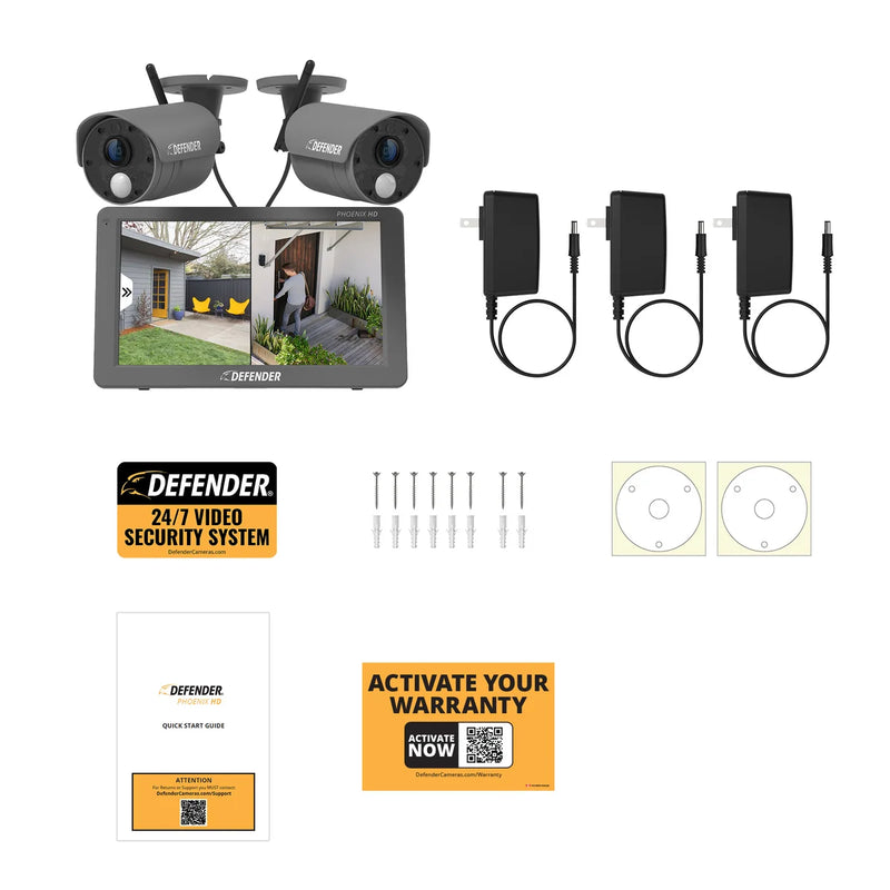 Defender PHOENIXHD Non-WiFi, Plug-in Power Security System with 2 Cameras & 10.1” HD Monitor