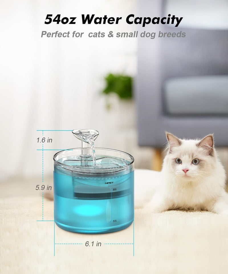 NPET WF100 Cat Foutain, 54oz/1.6L Automatic Pet Water Fountain Dog Water Dispenser with 2 Flow Modes, Bottom Suction LED Light Quiet Pump for for Cats & Small Dogs