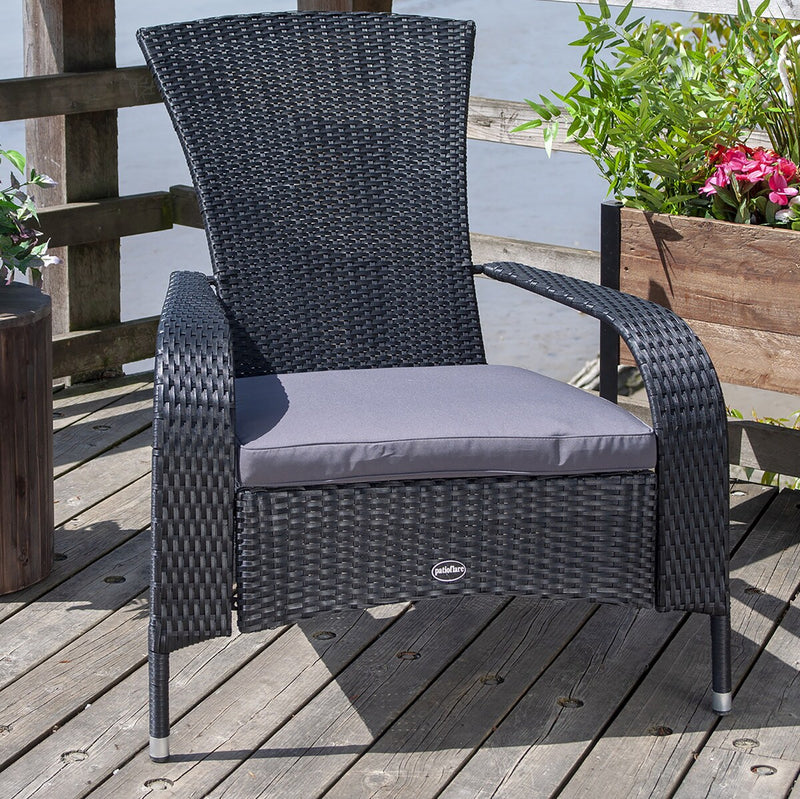 Patioflare Comfort Height Muskoka Chair, Black Wicker and Dark Grey Cushions