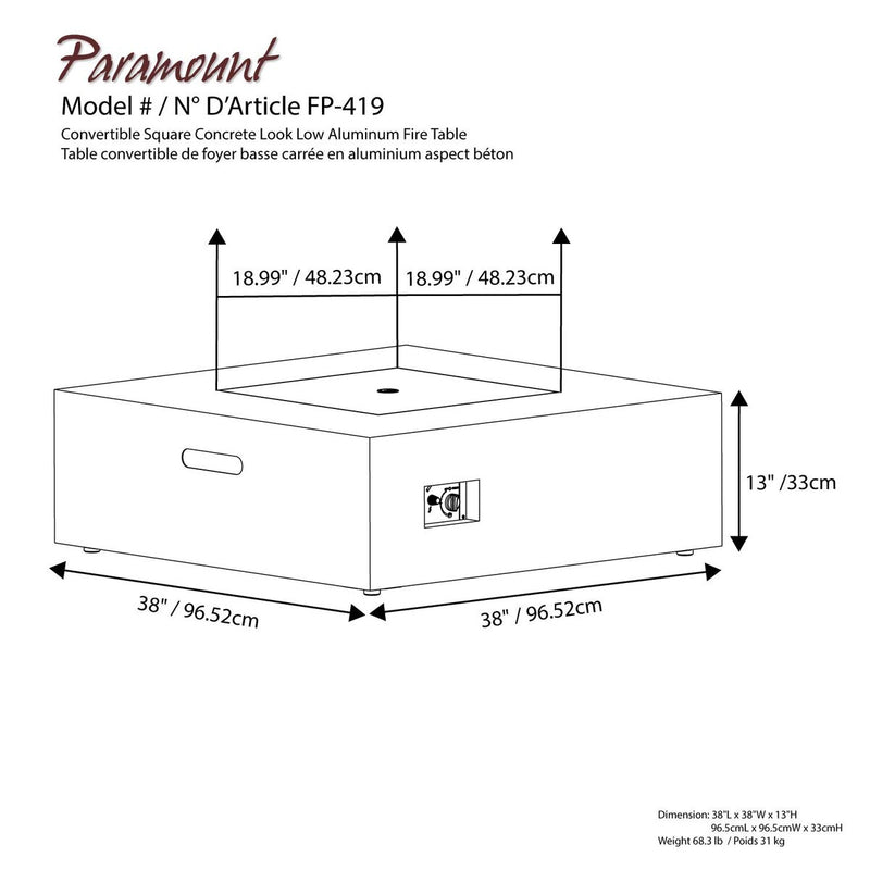 Paramount Concrete Look Convertible Aluminum Fire Table, Low Square