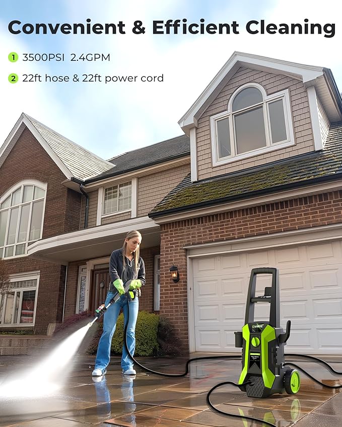 Pressure Washer with Foam Cannon, ETOOLAB Electric Pressure Washer 2600 PSI Max 2.4GPM with 4 Nozzels Electric Power Washer for, Patio Pool Cleaning Car Washers Fence 22FT Cord and 22FT Hose (Green)