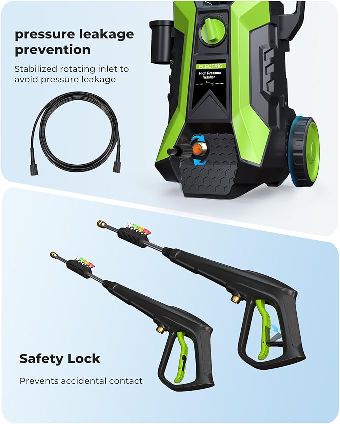 Pressure Washer with Foam Cannon, ETOOLAB Electric Pressure Washer 2600 PSI Max 2.4GPM with 4 Nozzels Electric Power Washer for, Patio Pool Cleaning Car Washers Fence 22FT Cord and 22FT Hose (Green)