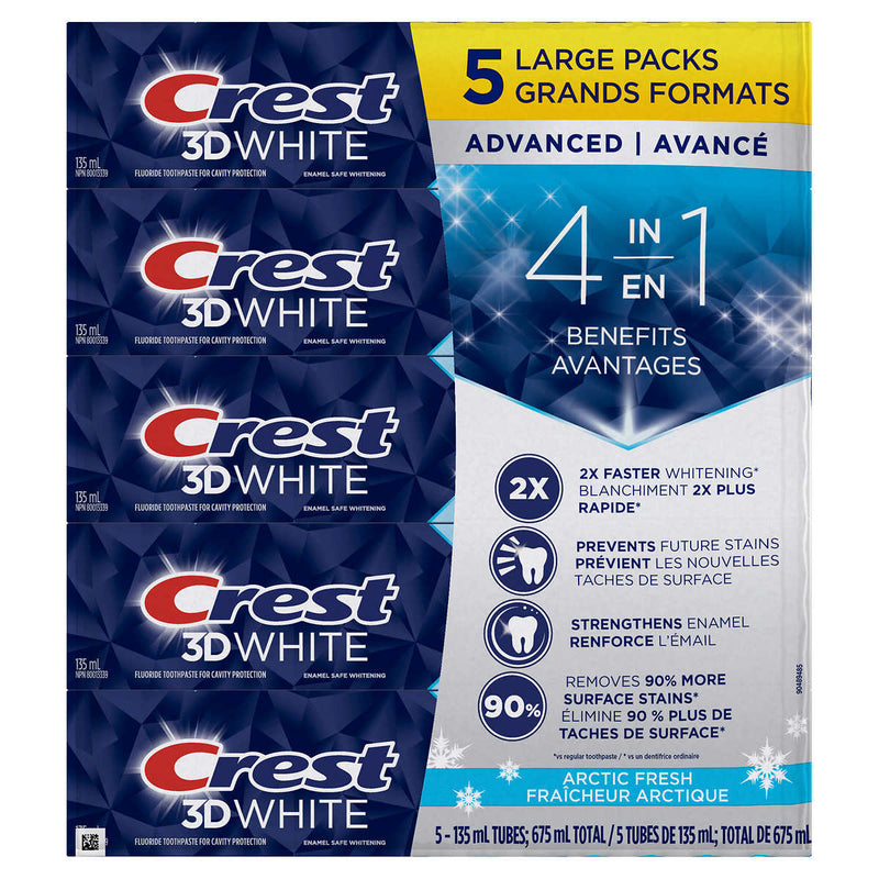 Crest 3D White Whitening Toothpaste, 5 x 135 mL