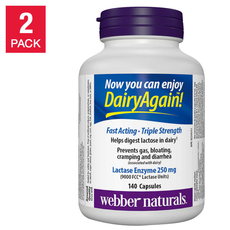 webber naturals Lactase Enzyme Extra Strength 140 Capsules, 2-pack