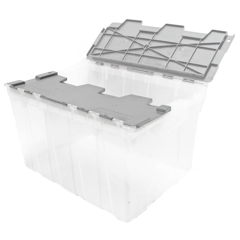 49L Stackable Storage Tote in Clear with Grey Lockable Flip-Top Cover