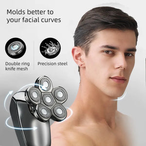 5-in-1 Electric Head Shaver for Men - Waterproof IPX7, 6D Floating Heads, Beard Trimmer, Nose Hair Clippers, Facial Cleansing Brush, LED Display & USB Charging, Travel Lock