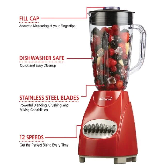 Brentwood Blender with Glass Jar, 12-Speed + Pulse, Red