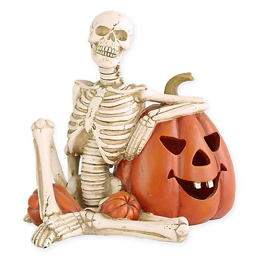9-Inch Lighted Skeleton & Pumpkin Halloween Decoration