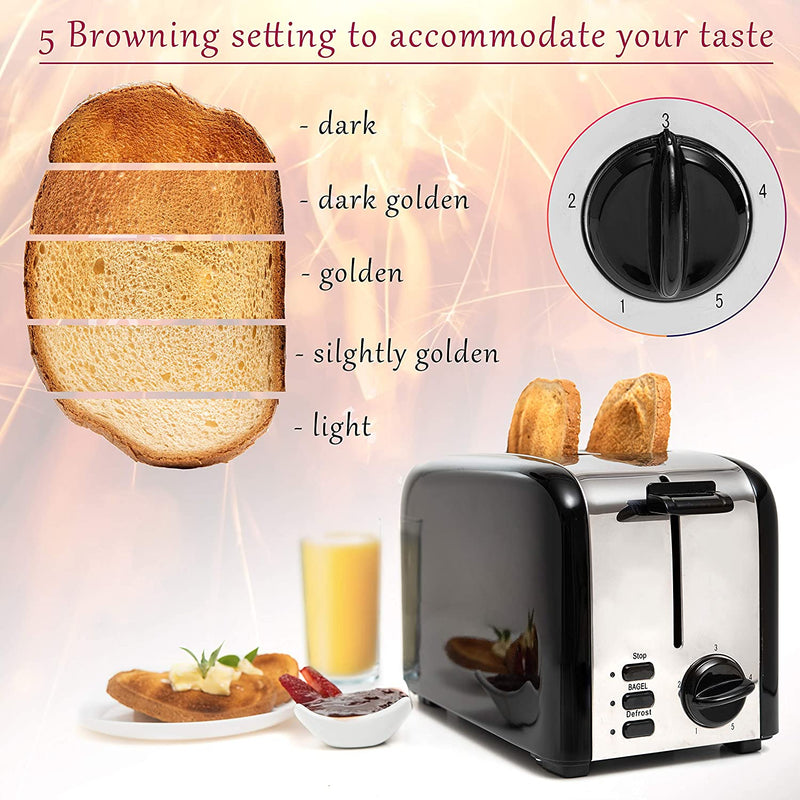 2 Slice Toaster, 1.5in Extra-Wide Slot Toaster For Bagel & Defrost with 5 Shade Settings