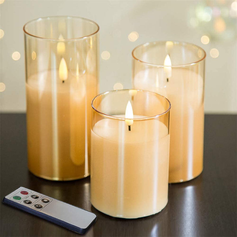 Eywamage Glass Flameless Candles with Remote Flickering Real Wax Wick LED Pillar Candles Battery Operated 3 Pack D 3 inch H 4 inch 5 inch 6 inch Gold