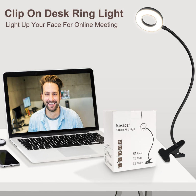 Bekada LED Desk Light with Clamp for Video Conference Lighting, Clip on LED Ring Light for Computer Webcam, USB Laptop Light for Zoom Meetings, Reading Light with 3 Color 10 Dimming Level
