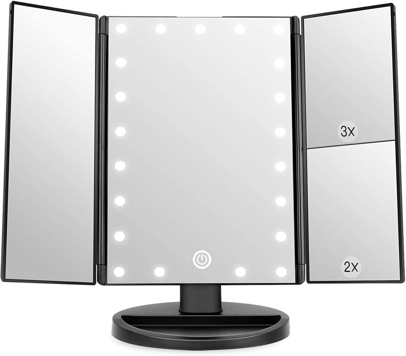 WEILY Vanity Makeup Mirror,1x/2x/3x Tri-Fold Makeup Mirror with 21 LED Lights and Adjustable Touch Screen