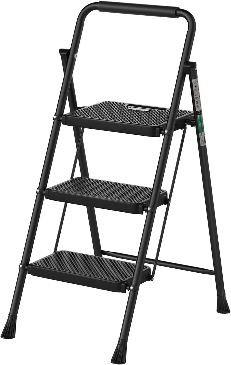 RIKADE Folding Step Stool, Step Stool with Wide Anti-Slip Pedal 3 Step Ladder