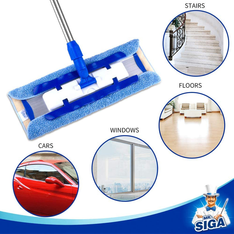 MR.SIGA Professional Microfiber Mop (Included 3 Microfiber Cloth Refills and 1 Dirt Removal Scrubber), Pad Size: 42cm x23cm