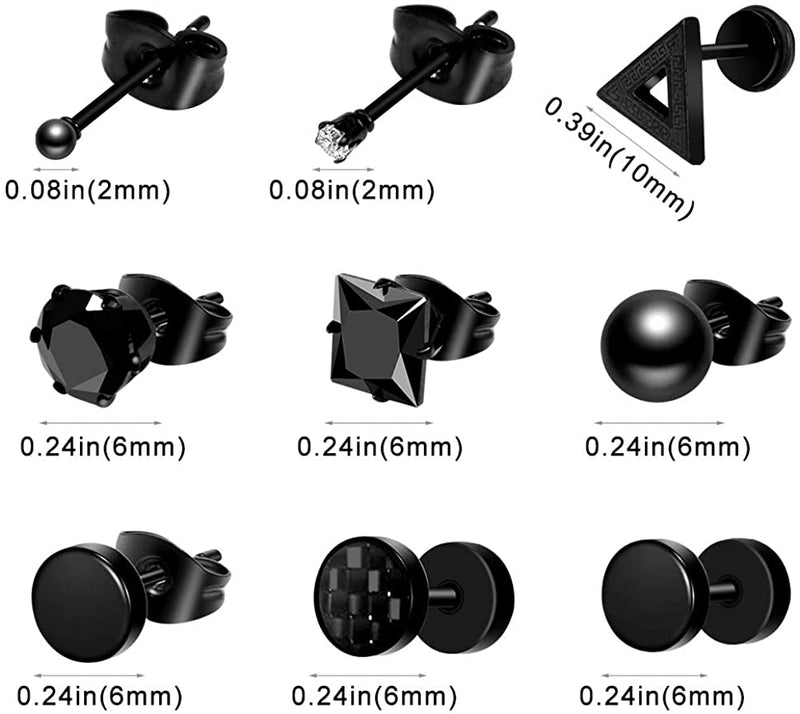 15 Pairs Black Earrings for Men Mens Earrings Stainless Steel Black Stud Earrings for Men Women Jewelry Piercing Hoop Men Earrings Set