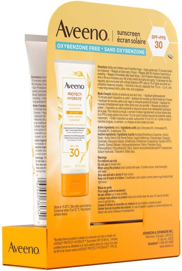 Aveeno Sun Aveeno Protect and Hydrate Face and Body Sunscreen Spf 30 Duo Pack, Water and Sweat Resistant, Oxybenzone Free, 2 Bottle Pack, 88 Milliliters