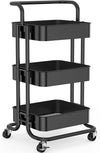 3 Tier Mesh Utility Cart, Rolling Metal Organization Cart with Handle and Lockable Wheels, Multifunctional Storage Shelves for Kitchen Living Room Office by Pipishell, Black