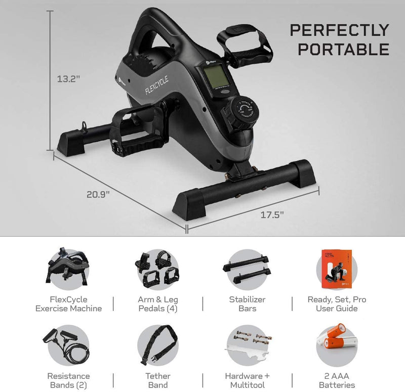 Under Desk Bike Pedal Exerciser - FlexCycle Exercise Bike Stationary Magnetic Cycle with LCD Monitor & Resistance Bands for Arm & Leg Recovery & Therapy