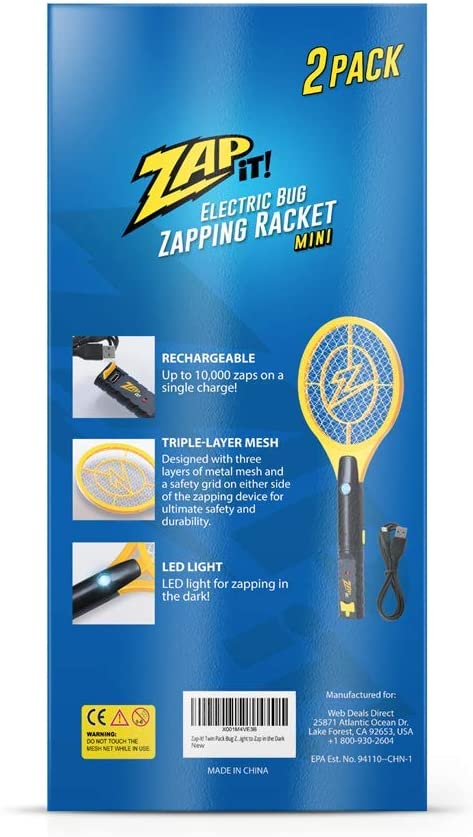 Zap It! Bug Zapper Rechargeable Fly Zapper Racket, Electric Fly Swatter, Mosquito Zapper, 4,000 Volt, 2 Pack