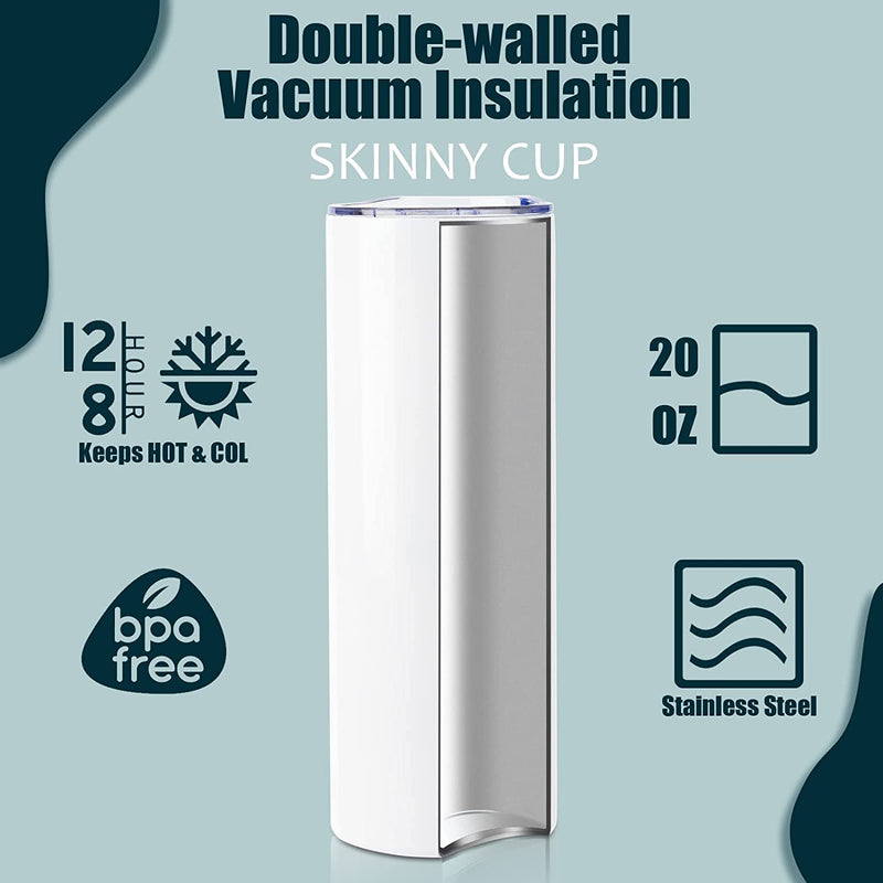 8 Pack 20 oz Sublimation Tumbler Set Double Walled Stainless Steel Skinny Straight Blank Tumbler Bulk with Lid, Straw, DIY Stickers Shrink Wrap